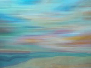 A soft, abstract landscape with vibrant blues and greens, subtly touched by wisps of pink and yellow.