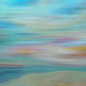 A soft, abstract landscape with vibrant blues and greens, subtly touched by wisps of pink and yellow.