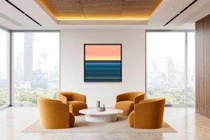Soft peach and deep blue hues evoke the shifting balance of natural light.