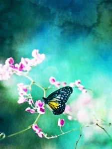 A delicate watercolor of a butterfly perched on small, pink blossoms.