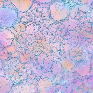 Delicate floral line art over a dreamy watercolor background in lavender, blush, and sky blue tones.