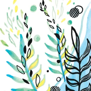 Hand-drawn leaves and fronds against a green, yellow, and blue watercolor background.