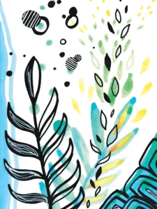 Hand-drawn leaves and fronds against a green, yellow, and blue watercolor background.