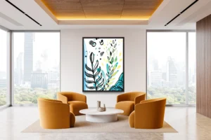 Hand-drawn leaves and fronds against a green, yellow, and blue watercolor background.