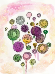 Hand-drawn flowers against a pink, green, yellow, and purple watercolor background.
