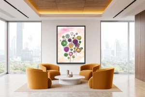 Hand-drawn flowers against a pink, green, yellow, and purple watercolor background.
