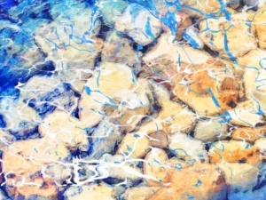 Energy and serenity of moving water with soft yellows and brows, and blues.