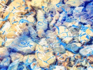 Energy and serenity of moving water with soft yellows and brows, and blues.