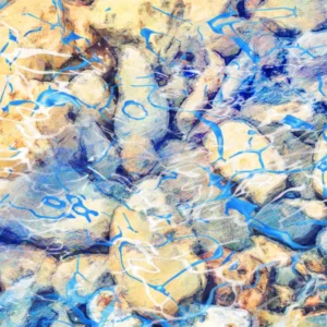 Energy and serenity of moving water with soft yellows and brows, and blues.
