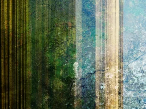Earthy abstract with layered textures and vertical bands, blending mossy greens, and stone blues.