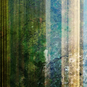 Earthy abstract with layered textures and vertical bands, blending mossy greens, and stone blues.