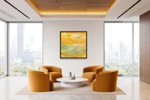 A vivid composition featuring a balanced mix of yellow, orange, and turquoise hues.