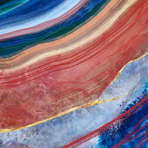 A vibrant abstract with motion and movement, featuring dynamic tones of red and blue, accented with touches of gold.