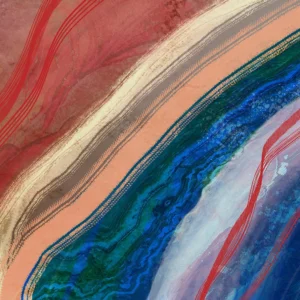 A vibrant abstract with motion and movement, featuring dynamic tones of red and blue, accented with touches of gold.