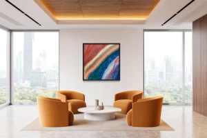 A vibrant abstract with motion and movement, featuring dynamic tones of red and blue, accented with touches of gold.