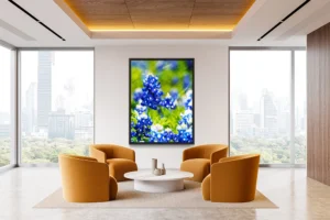Striking bluebonnets take center stage, set against a backdrop of rich, expressive brushstrokes.