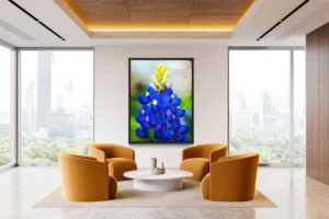 A striking bluebonnet takes center stage, set against a backdrop of rich, expressive brushstrokes.