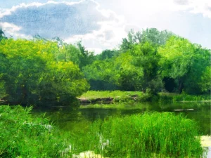 Lush riverside landscape with vibrant greenery, calm water, and soft sunlight.