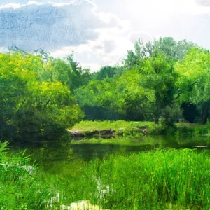 Lush riverside landscape with vibrant greenery, calm water, and soft sunlight.
