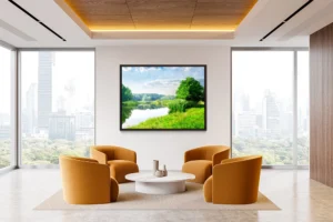 Lush riverside landscape with vibrant greenery, calm water, and soft sunlight.