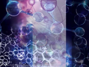 Layered visualization of molecules and chemistry with glowing spheres and hexagons.