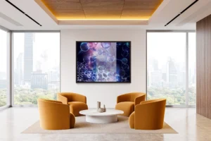 Layered visualization of molecules and chemistry with glowing spheres and hexagons.