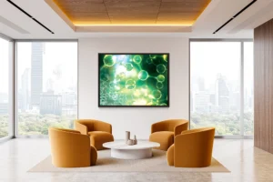 Glowing molecular structures and chemical formulas merge in a vibrant, digital green composition.