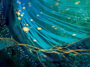 Flowing blue strands with golden orbs and cracks, symbolizing resilience and connection.