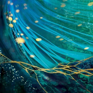 Flowing blue strands with golden orbs and cracks, symbolizing resilience and connection.