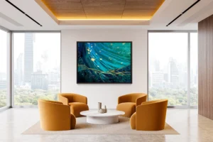Flowing blue strands with golden orbs and cracks, symbolizing resilience and connection.