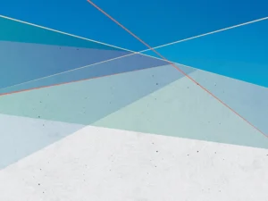 A colorful abstract geometric composition that conveys movement, enriched with dynamic tones of blue.
