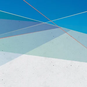 A colorful abstract geometric composition that conveys movement, enriched with dynamic tones of blue.