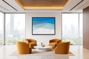 A colorful abstract geometric composition that conveys movement, enriched with dynamic tones of blue.
