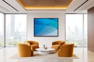 A colorful abstract geometric composition that conveys movement, enriched with dynamic tones of blue.