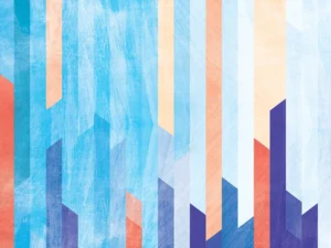 Geometric skyline of vertical shapes in cool and warm tones.