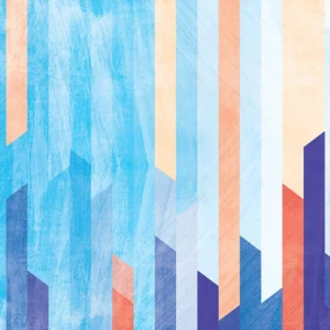 Geometric skyline of vertical shapes in cool and warm tones.