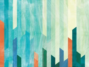 Geometric skyline of vertical shapes in cool and warm tones.