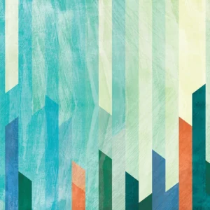 Geometric skyline of vertical shapes in cool and warm tones.