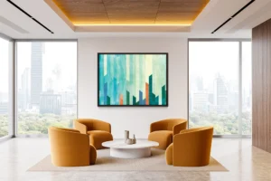 Geometric skyline of vertical shapes in cool and warm tones.