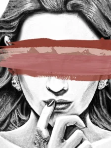 A monochrome portrait sketch contrasted by brushstrokes in vivid red hues.