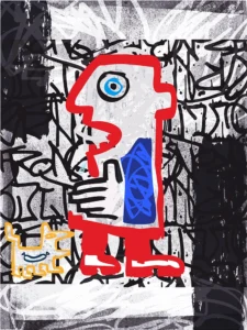 Graffiti-style figure in bold blues, yellows, and reds over a monochrome background.