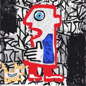 Graffiti-style figure in bold blues, yellows, and reds over a monochrome background.