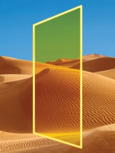 Golden desert with surreal glowing portal altering landscape’s color and perspective.
