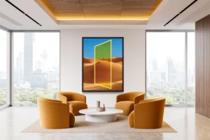 Golden desert with surreal glowing portal altering landscape’s color and perspective.