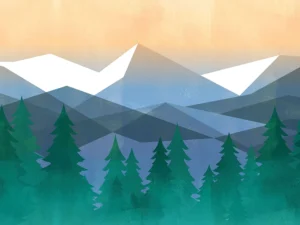 A geometric mountain scape blending transparency and texture under a soft, yellow sky.