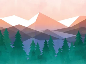 A geometric mountain scape blending transparency and texture under a soft, pink sky.