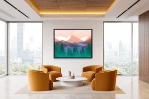 A geometric mountain scape blending transparency and texture under a soft, pink sky.