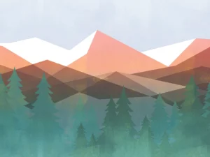 A geometric mountain scape blending transparency and texture under a soft, blue sky.