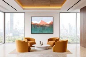 A geometric mountain scape blending transparency and texture under a soft, blue sky.