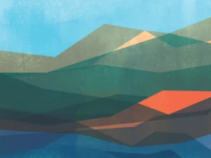 Mountain peaks blending rich blues, oranges, and greens along with bold geometric shapes.